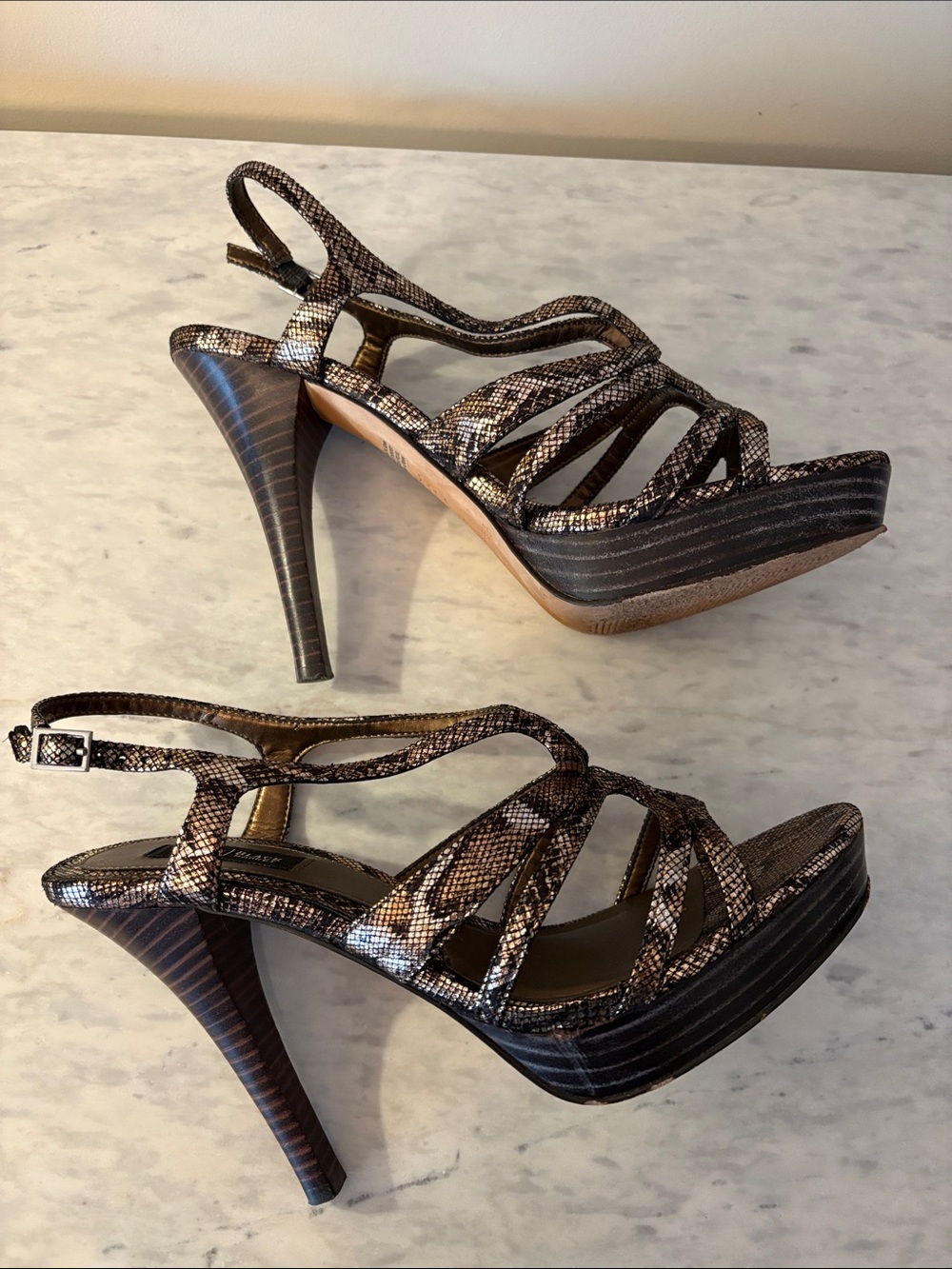 White House Black Market Brown Snake-Print Strappy High Heel Sandals - Picture 8 of 16